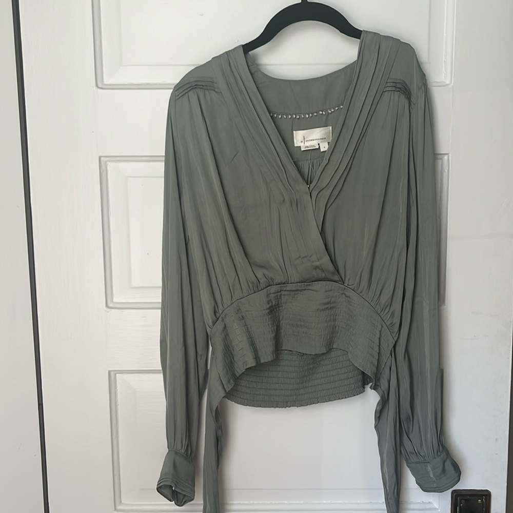 Anthropologie green cropped wrap shirt